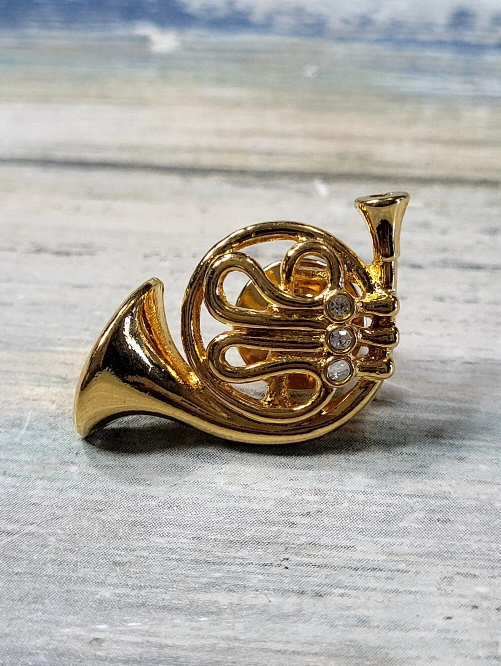 Gold French Horn Brooch Pin with Clear Crystals